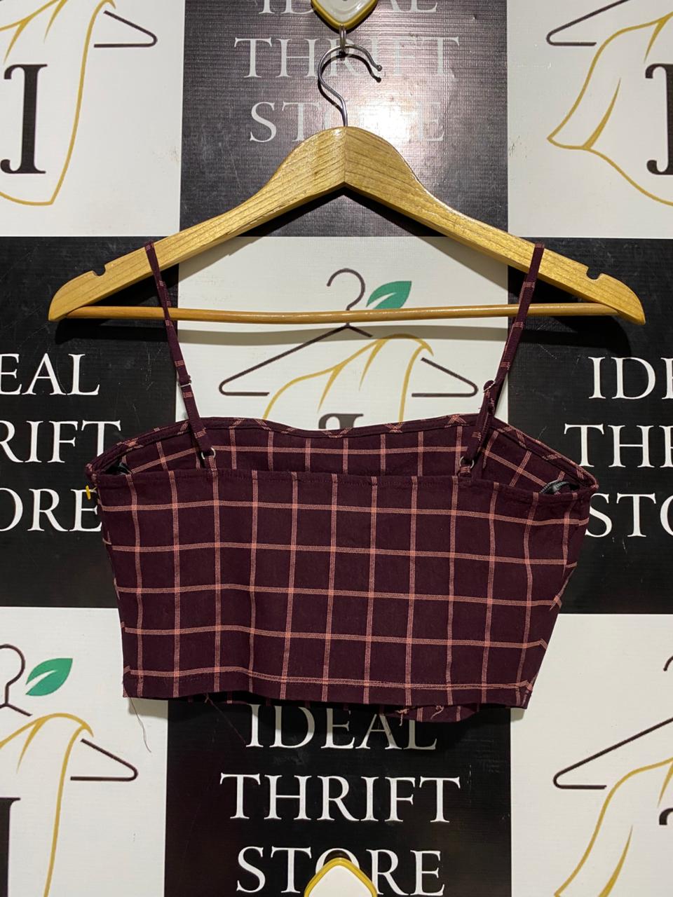FOREVER |M| BUST 15| B11| BURGUNDY CHECKERED SPAGHETTI STRAP CROP TOP