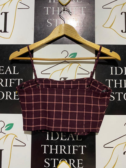 FOREVER |M| BUST 15| B11| BURGUNDY CHECKERED SPAGHETTI STRAP CROP TOP