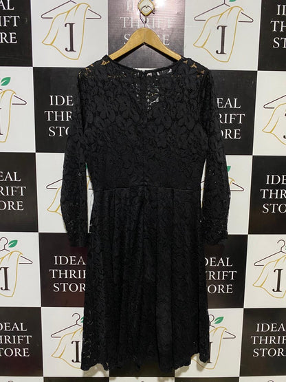 MISSMAY |XL| BUST 19| B11| ELEGANT BLACK LACE LONG SLEEVE SURPLICE MIDI DRESS