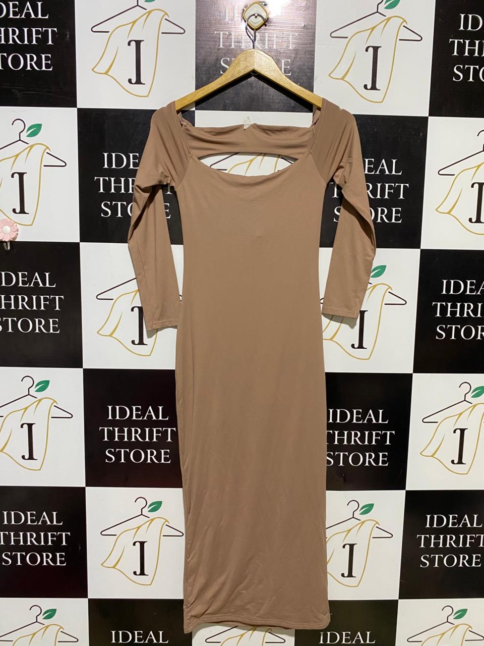 MESHKI |M| BUST 13| B11| TAUPE CUT-OUT LONG SLEEVE BODYCON MIDI DRESS