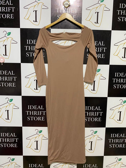 MESHKI |M| BUST 13| B11| TAUPE CUT-OUT LONG SLEEVE BODYCON MIDI DRESS