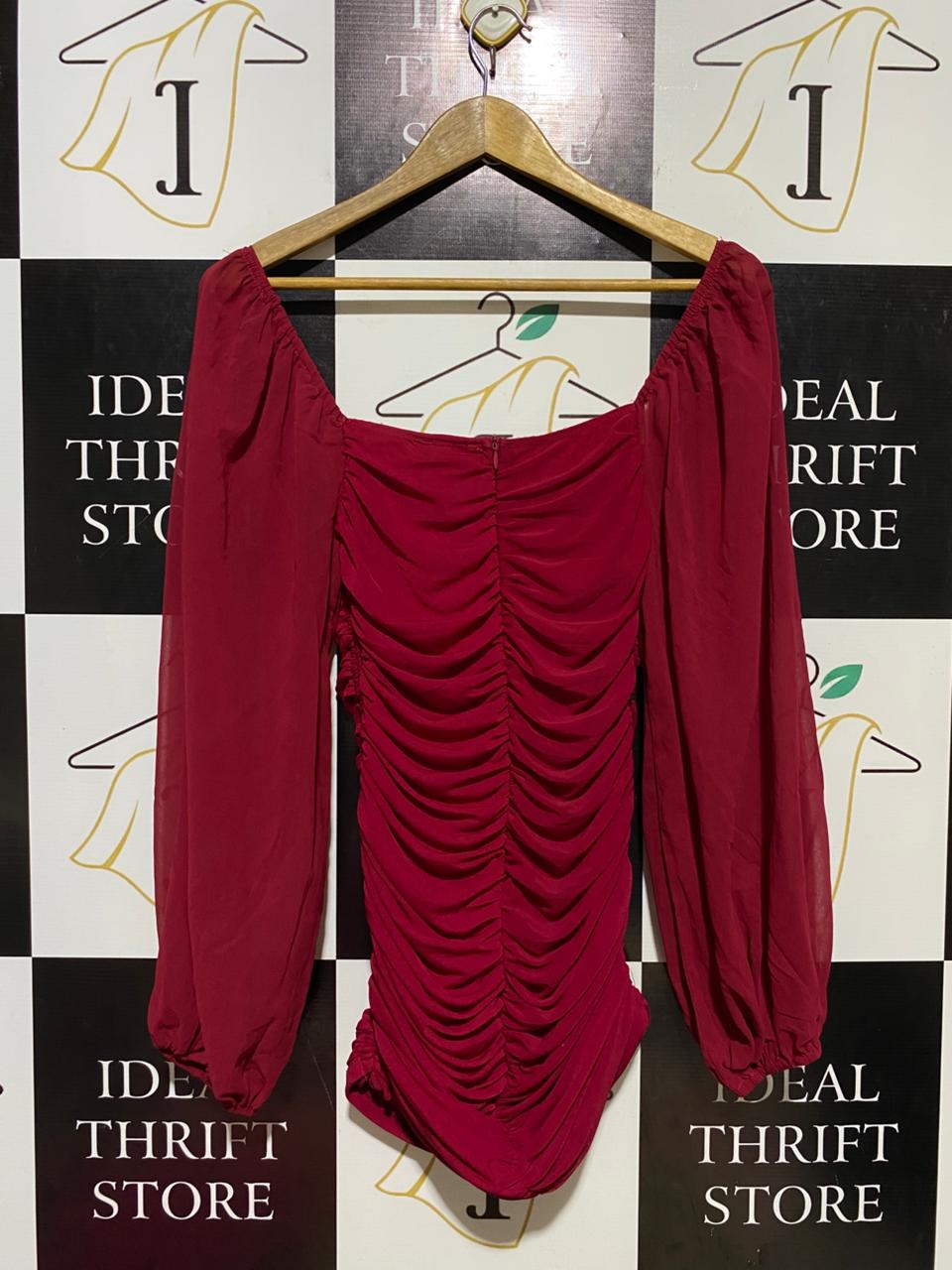RUMOR |M| BUST 13| B11| WINE RED RUCHED MESH LONG SLEEVE BODYCON MINI DRESS