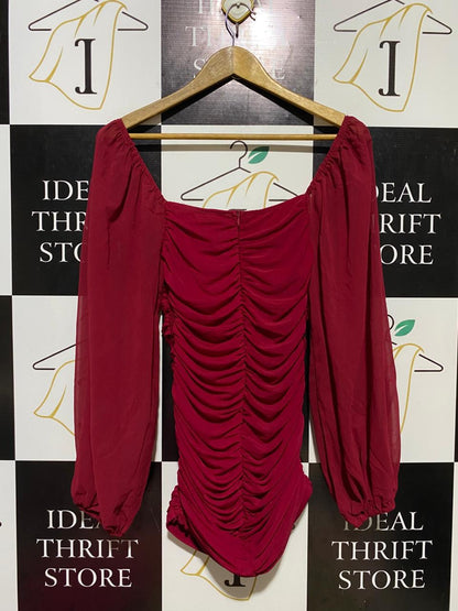 RUMOR |M| BUST 13| B11| WINE RED RUCHED MESH LONG SLEEVE BODYCON MINI DRESS