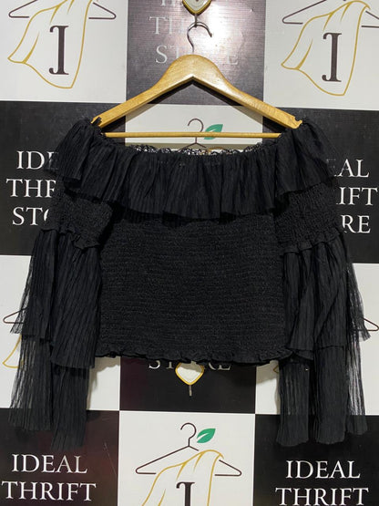 BARDOT |M| BUST 14| B11| BLACK PLEATED OFF-SHOULDER SMOCKED BLOUSE WITH BELL SLEEVES