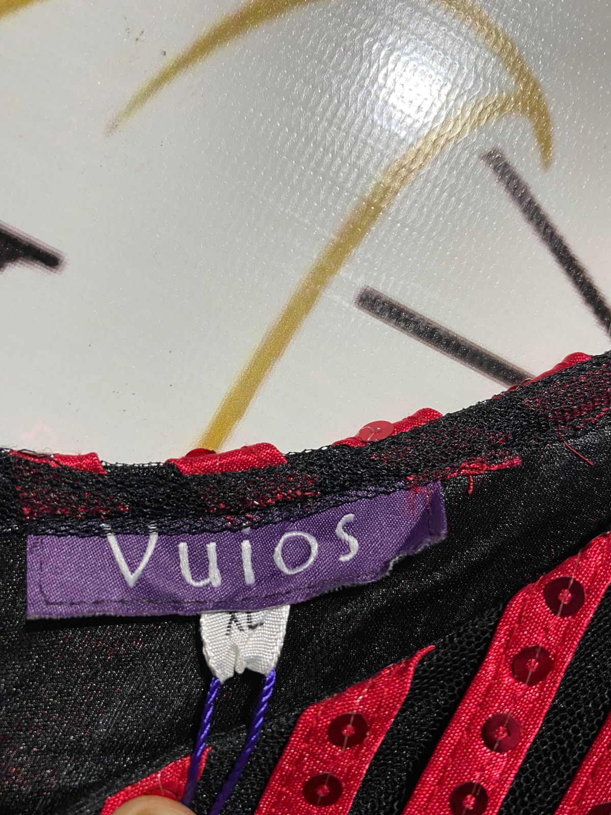 VUIOS |XL| BUST 19| B11|  RED SEQUIN STRIPED COCKTAIL DRESS - BLACK & RED