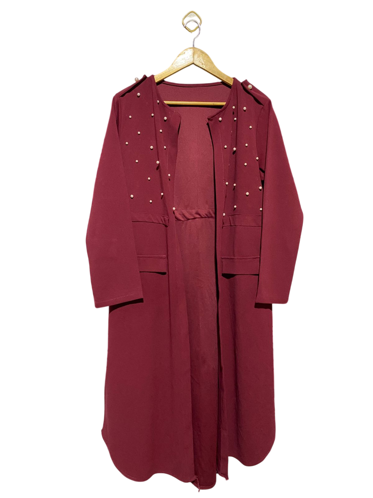 |XL| BUST 21| B13| MAROON PEARL-EMBELLISHED LONG-LINE OPEN ABAYA