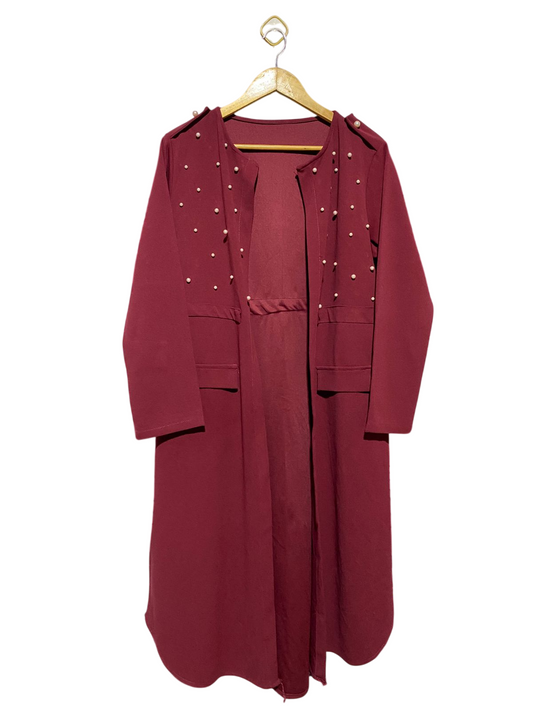|XL| BUST 21| B13| MAROON PEARL-EMBELLISHED LONG-LINE OPEN ABAYA