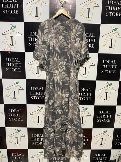 NEXT |L| BUST 22| B13| CHARCOAL GREY FLORAL METALLIC STRIPE MAXI DRESS