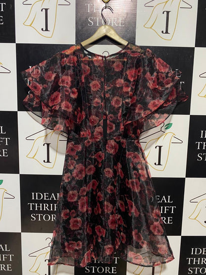 TOPSHOP |M| BUST 17| B13| MONSOON SHEER RED FLORAL RUFFLE MINI DRESS