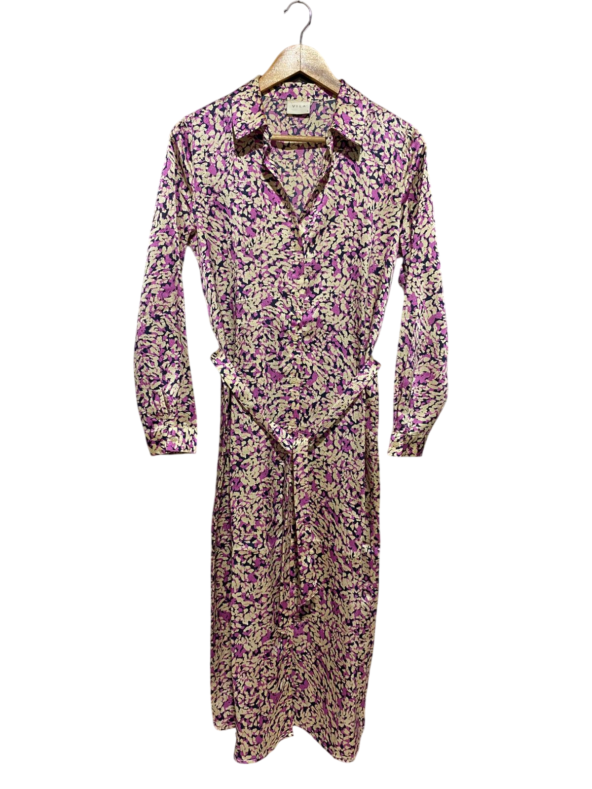 VILA |L| BUST 19| B13| PREMIUM PURPLE AND GOLD ABSTRACT PRINT MIDI SHIRT DRESS WITH WAIST TIE