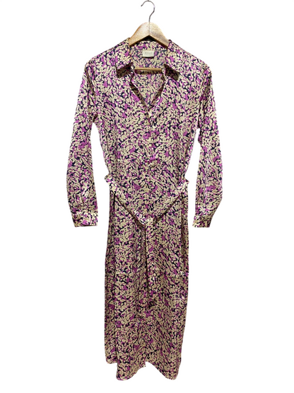 VILA |L| BUST 19| B13| PREMIUM PURPLE AND GOLD ABSTRACT PRINT MIDI SHIRT DRESS WITH WAIST TIE