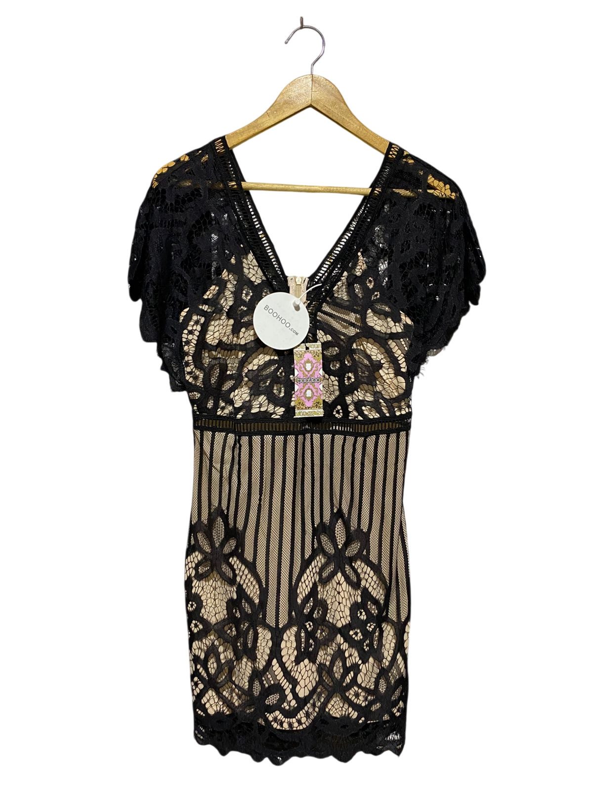 BOOHOO |M| BUST FREE| B13| PREMIUM BLACK CROCHET LACE MINI DRESS WITH NUDE LINING