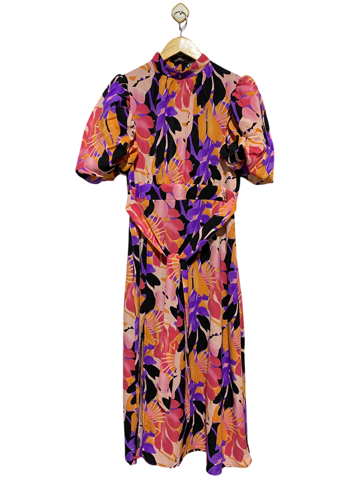 GIRL IN MIND |M| BUST 18| B13| VIBRANT MULTICOLOR FLORAL PRINT MAXI DRESS WITH PUFF SLEEVES AND WAIST TIE