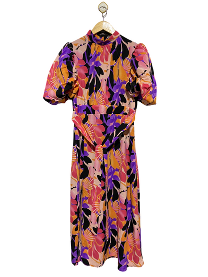 GIRL IN MIND |M| BUST 18| B13| VIBRANT MULTICOLOR FLORAL PRINT MAXI DRESS WITH PUFF SLEEVES AND WAIST TIE