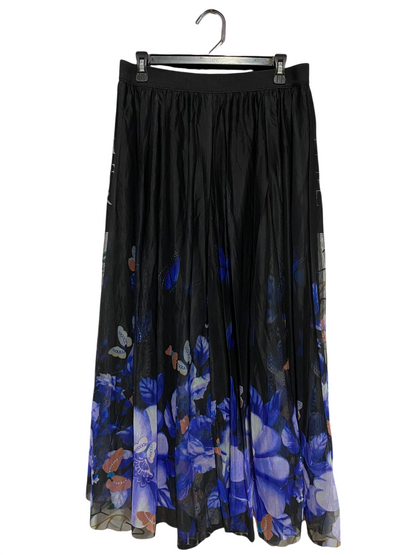 |XL| WAIST 32| B13| ELEGANT BLACK PLEATED MAXI SKIRT WITH VIBRANT BLUE FLORAL AND BUTTERFLY PRINT