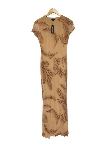 PRETTYLITTLE THING |M| BUST 15| B13| WOMEN’S NUDE MESH DRAGONFLY PRINT MAXI DRESS