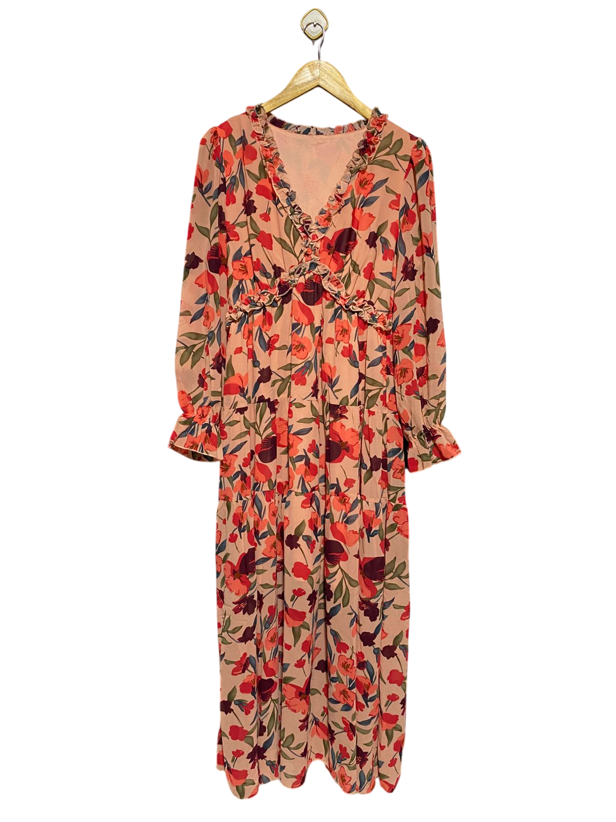 |L| BUST 19| B13| WOMEN’S FLORAL RUFFLE V-NECK MAXI DRESS – PEACH & CORAL BOTANICAL PRINT