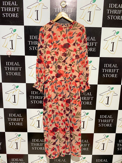 |L| BUST 19| B13| WOMEN’S FLORAL RUFFLE V-NECK MAXI DRESS – PEACH & CORAL BOTANICAL PRINT