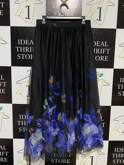|XL| WAIST 32| B13| ELEGANT BLACK PLEATED MAXI SKIRT WITH VIBRANT BLUE FLORAL AND BUTTERFLY PRINT