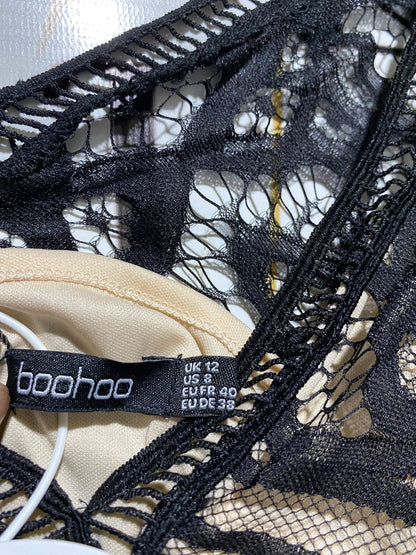 BOOHOO |M| BUST FREE| B13| PREMIUM BLACK CROCHET LACE MINI DRESS WITH NUDE LINING