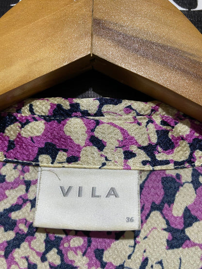 VILA |L| BUST 19| B13| PREMIUM PURPLE AND GOLD ABSTRACT PRINT MIDI SHIRT DRESS WITH WAIST TIE