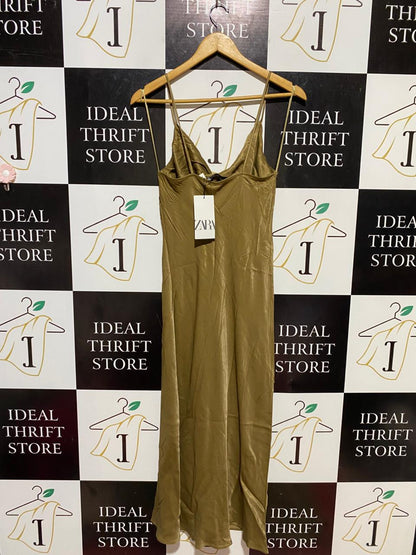 ZARA |S| BUST 15| B13| OLIVE SATIN COWL NECK SLIP DRESS