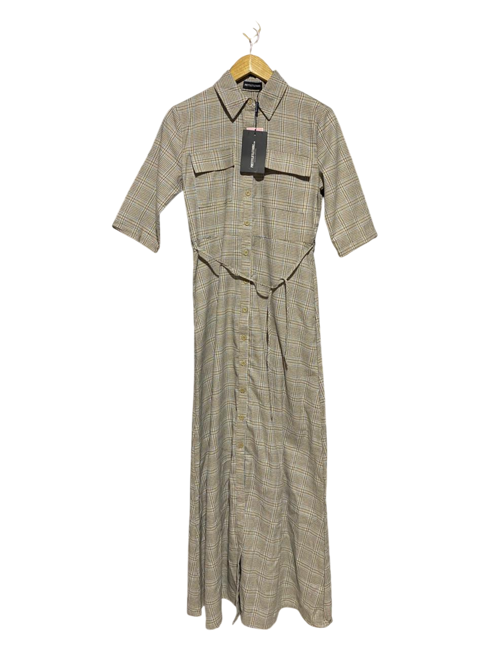 PRETTYLITTLE THING |M| BUST 18| B14| ELEGANT NEUTRAL PLAID UTILITY DRESS WITH TIE-WAIST DETAIL