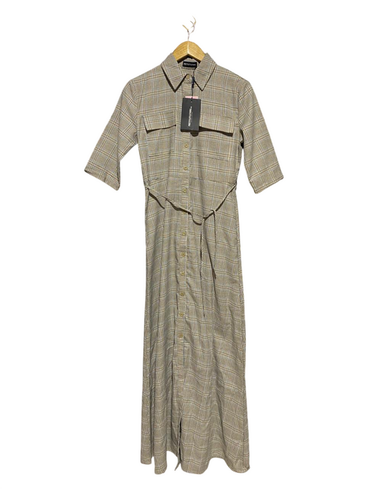 PRETTYLITTLE THING |M| BUST 18| B14| ELEGANT NEUTRAL PLAID UTILITY DRESS WITH TIE-WAIST DETAIL