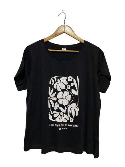 WOMAN |XL| BUST 22| B14| CLASSIC BLACK COTTON TEE WITH MINIMALIST FLORAL ART PRINT