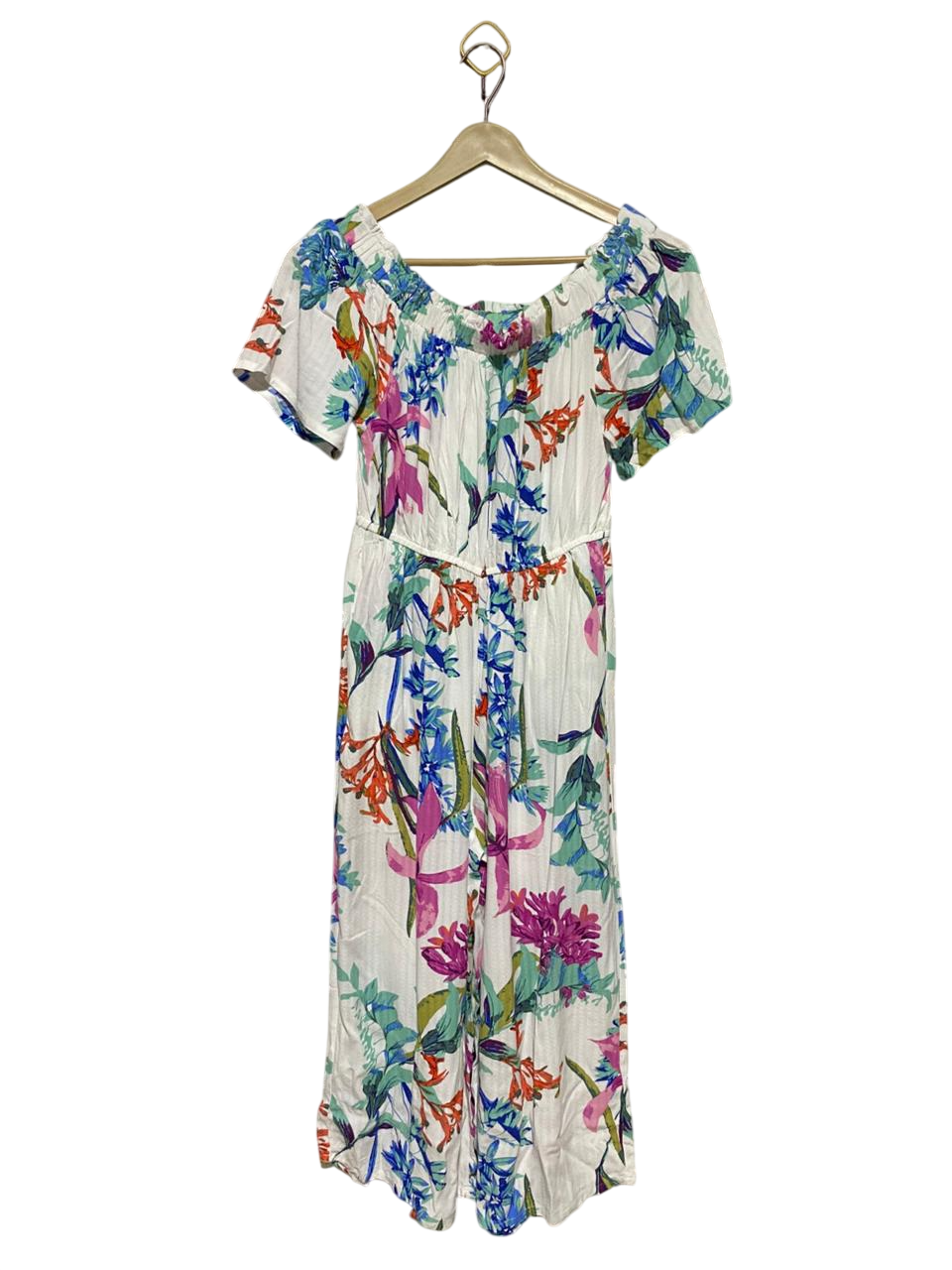 NEXT PETITE |S| BUST 14| B14| BOHEMIAN TROPICAL FLORAL OFF-SHOULDER MAXI JUMPSUIT