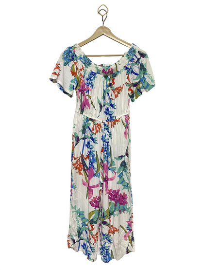 NEXT PETITE |S| BUST 14| B14| BOHEMIAN TROPICAL FLORAL OFF-SHOULDER MAXI JUMPSUIT