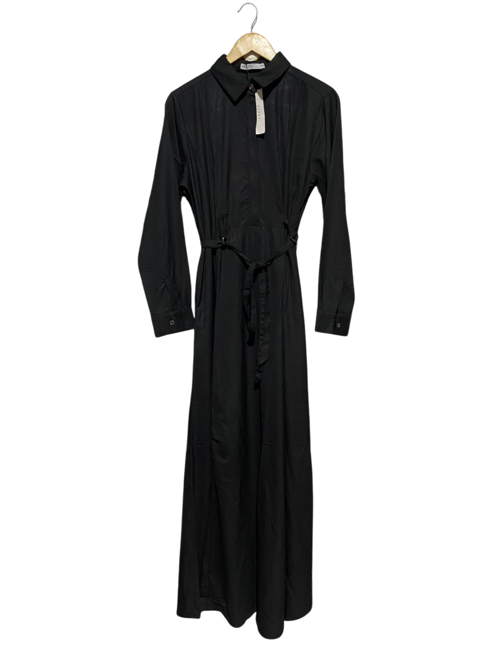 ANAYA |M| BUST 17| B14| JET BLACK COLLARED MAXI SHIRT DRESS WITH BELT