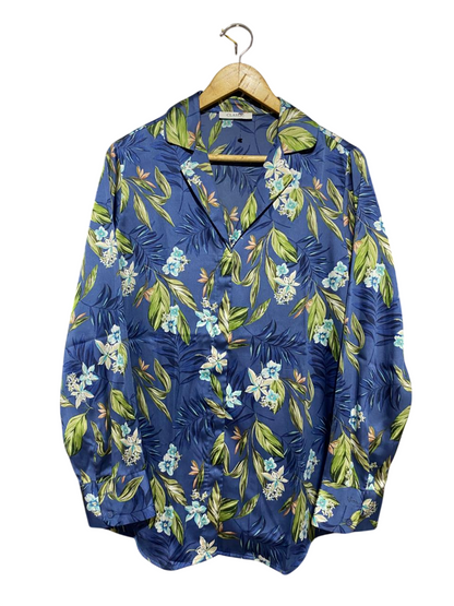 M&S |XL| BUST 22| B14| CLASSIC BLUE TROPICAL FLORAL SATIN FINISH BUTTON-DOWN SHIRT
