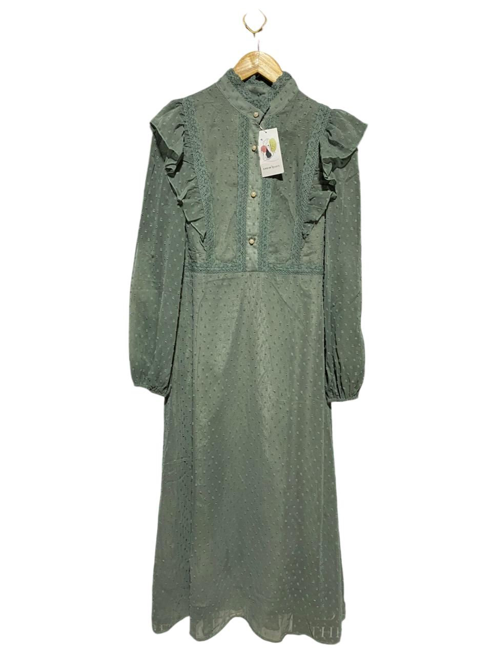 SHEIN |L| BUST 19| B14| ELEGANT SAGE GREEN SWISS DOT MAXI DRESS WITH RUFFLE