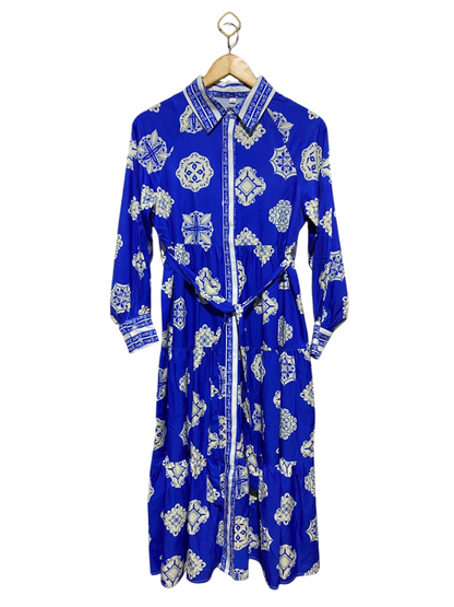 SHEIN |M| BUST 17| B14| VIBRANT COBALT BLUE TILE PRINT MAXI SHIRT DRESS WITH BELT