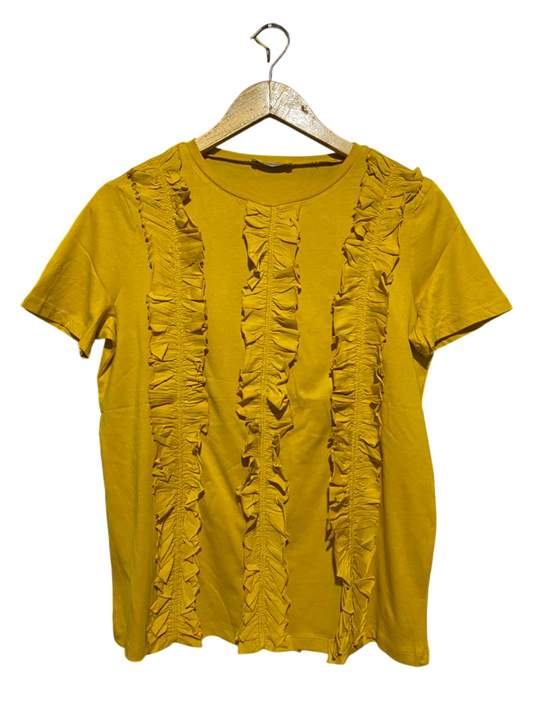 ZARA TRAFALUC |M| BUST 19| B14| MUSTARD YELLOW RUFFLE TRIM CREW NECK T-SHIRT