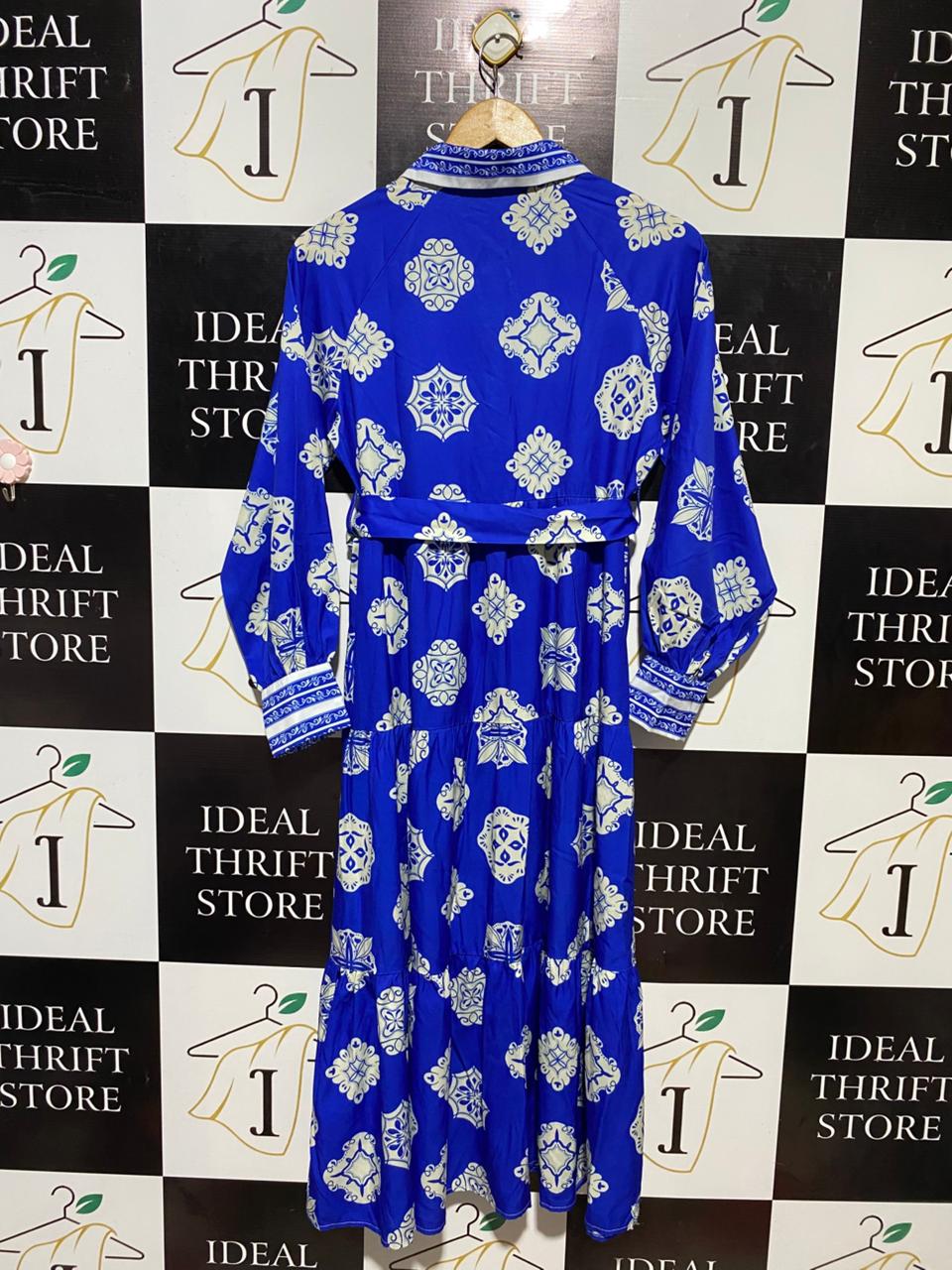 SHEIN |M| BUST 17| B14| VIBRANT COBALT BLUE TILE PRINT MAXI SHIRT DRESS WITH BELT
