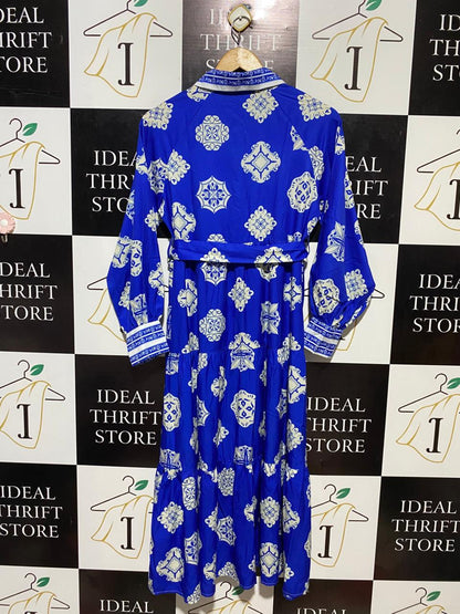 SHEIN |M| BUST 17| B14| VIBRANT COBALT BLUE TILE PRINT MAXI SHIRT DRESS WITH BELT