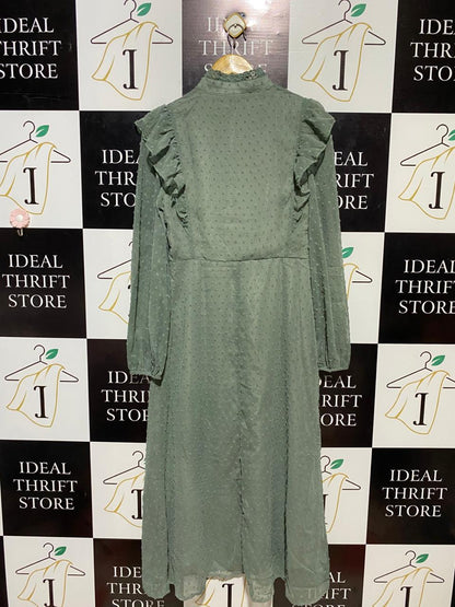 SHEIN |L| BUST 19| B14| ELEGANT SAGE GREEN SWISS DOT MAXI DRESS WITH RUFFLE