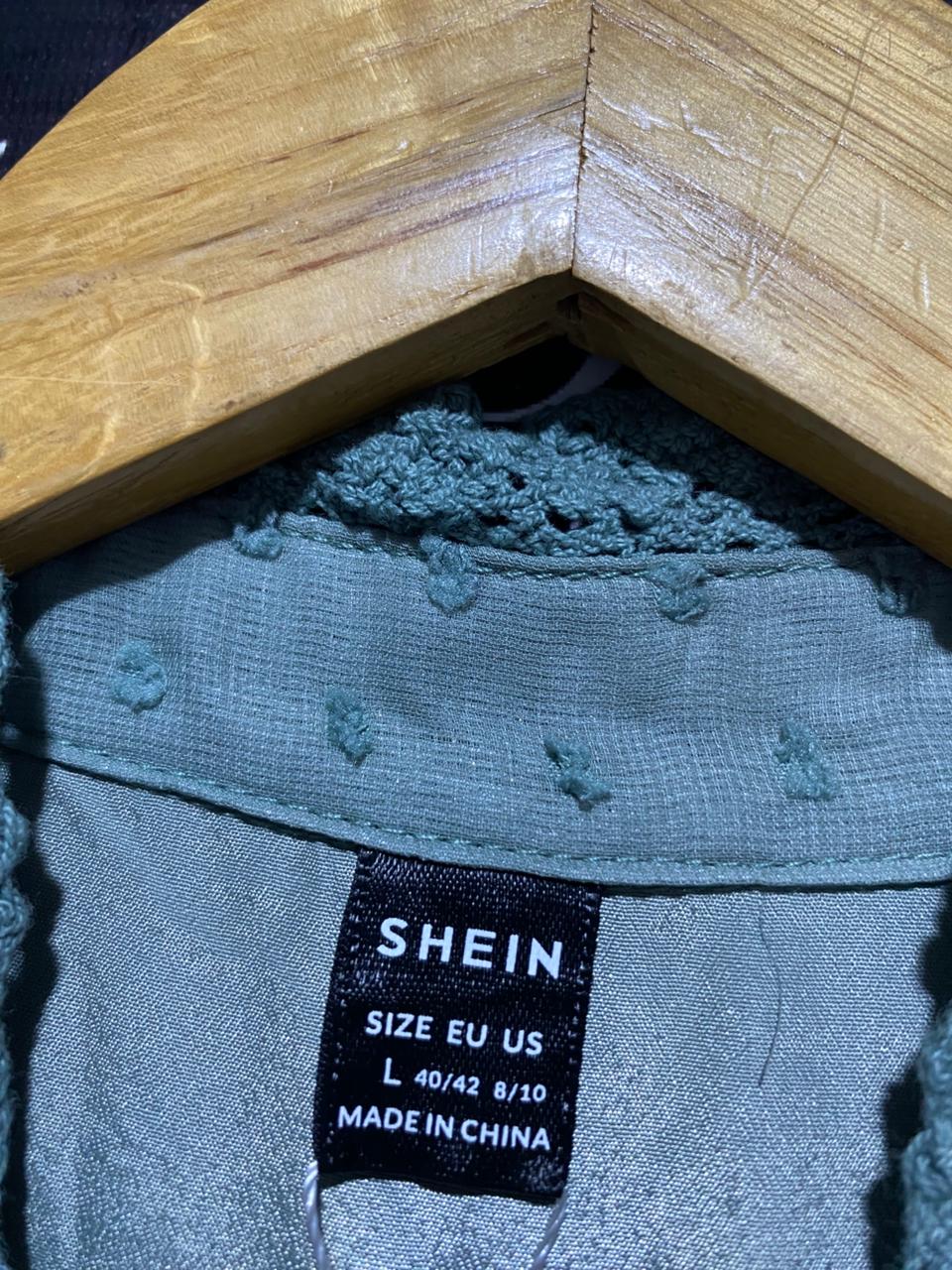SHEIN |L| BUST 19| B14| ELEGANT SAGE GREEN SWISS DOT MAXI DRESS WITH RUFFLE