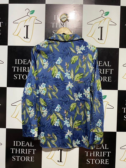 M&S |XL| BUST 22| B14| CLASSIC BLUE TROPICAL FLORAL SATIN FINISH BUTTON-DOWN SHIRT
