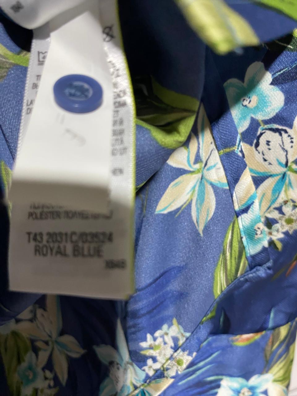 M&S |XL| BUST 22| B14| CLASSIC BLUE TROPICAL FLORAL SATIN FINISH BUTTON-DOWN SHIRT