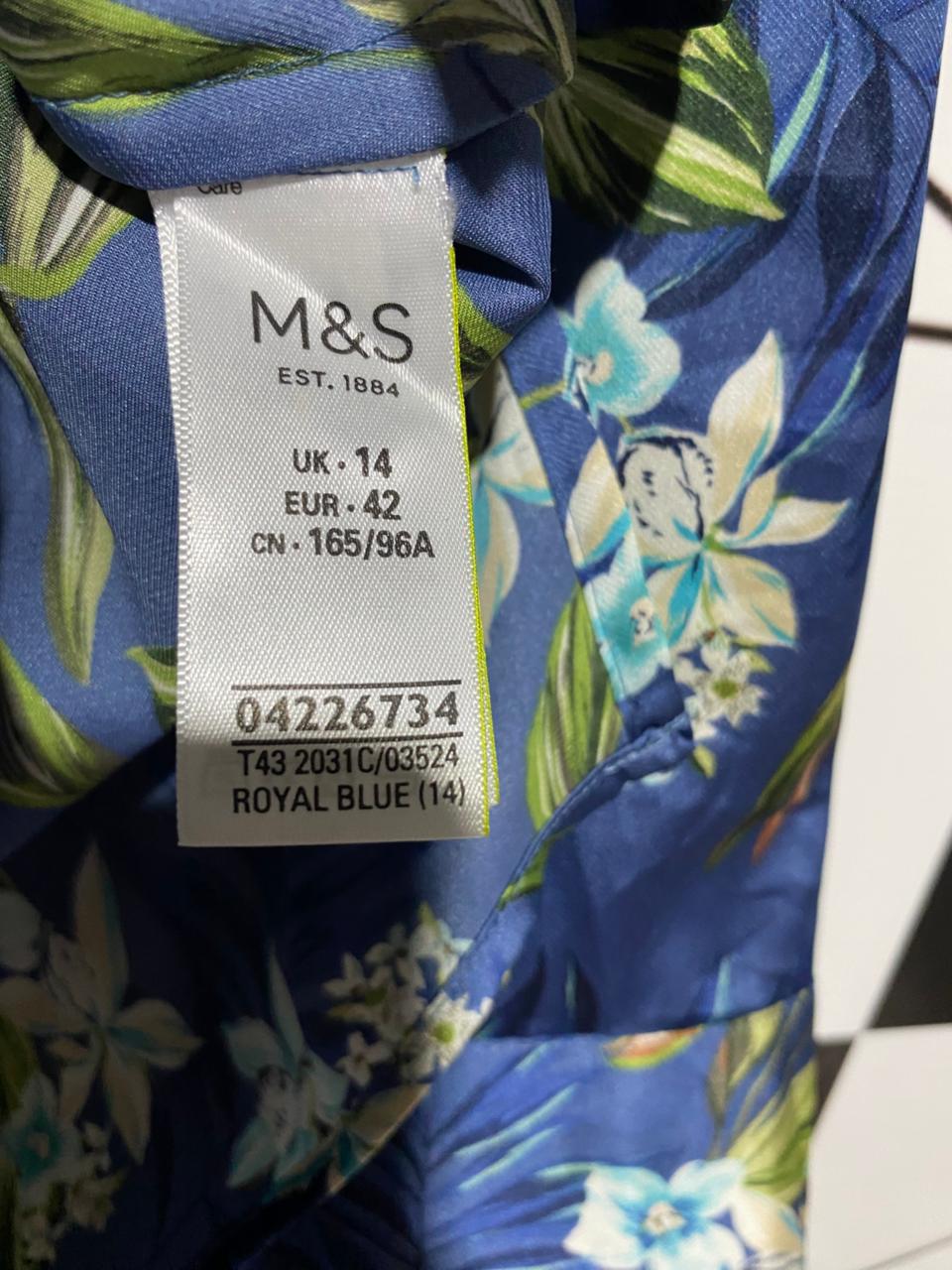 M&S |XL| BUST 22| B14| CLASSIC BLUE TROPICAL FLORAL SATIN FINISH BUTTON-DOWN SHIRT