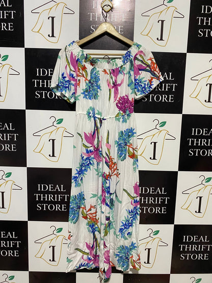 NEXT PETITE |S| BUST 14| B14| BOHEMIAN TROPICAL FLORAL OFF-SHOULDER MAXI JUMPSUIT