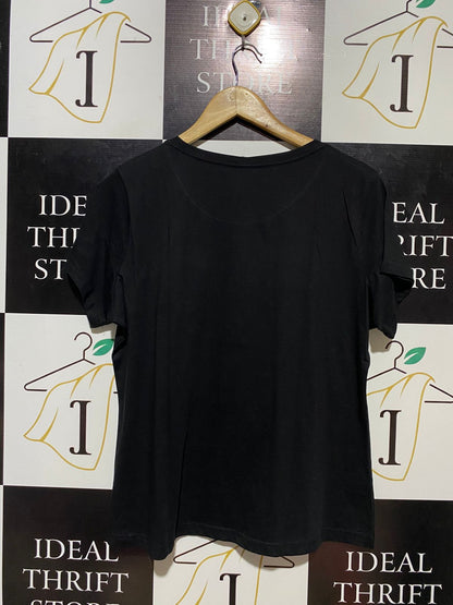 WOMAN |XL| BUST 22| B14| CLASSIC BLACK COTTON TEE WITH MINIMALIST FLORAL ART PRINT