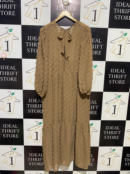 F&F |XL| BUST 22| B14| ELEGANT TAN SWISS DOT TIERED MAXI DRESS