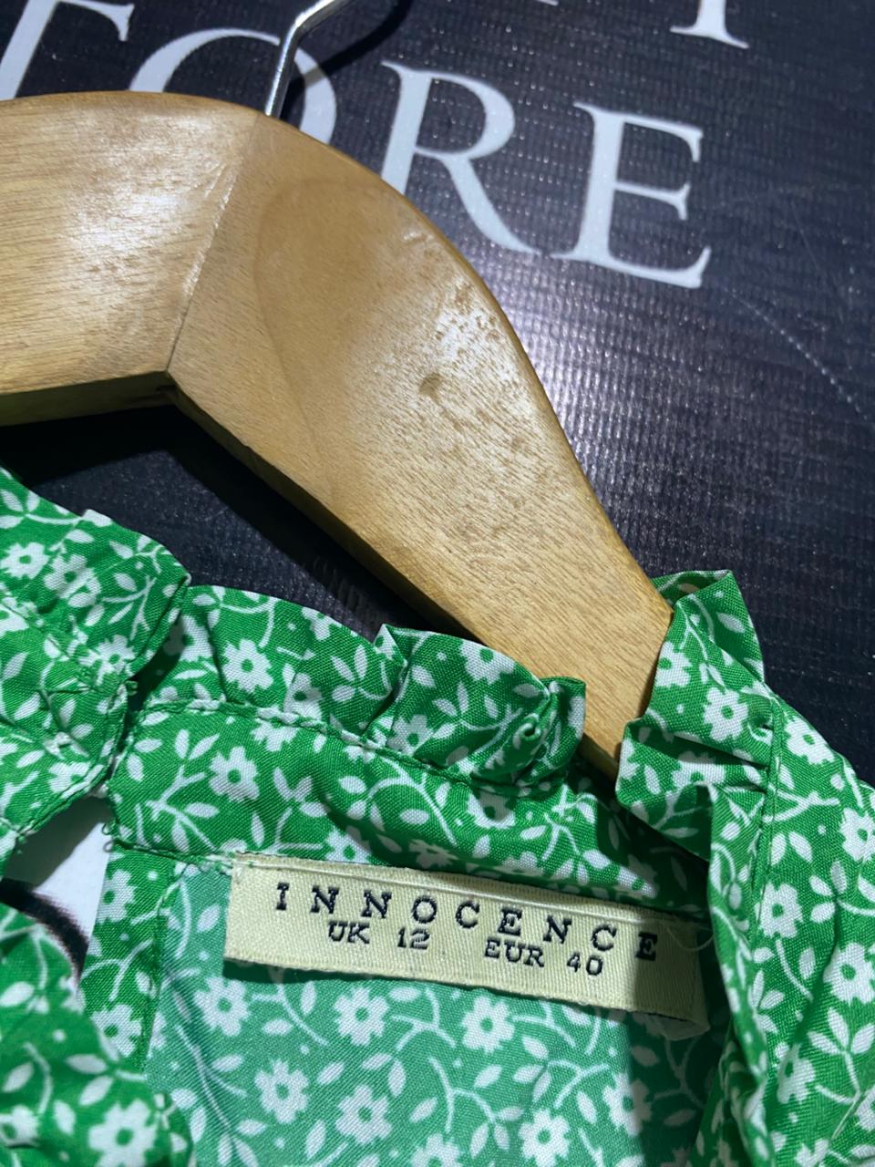 INNOCENCE |M| BUST 18| B14| GREEN DITSY FLORAL SMOCKED WAIST MINI DRESS