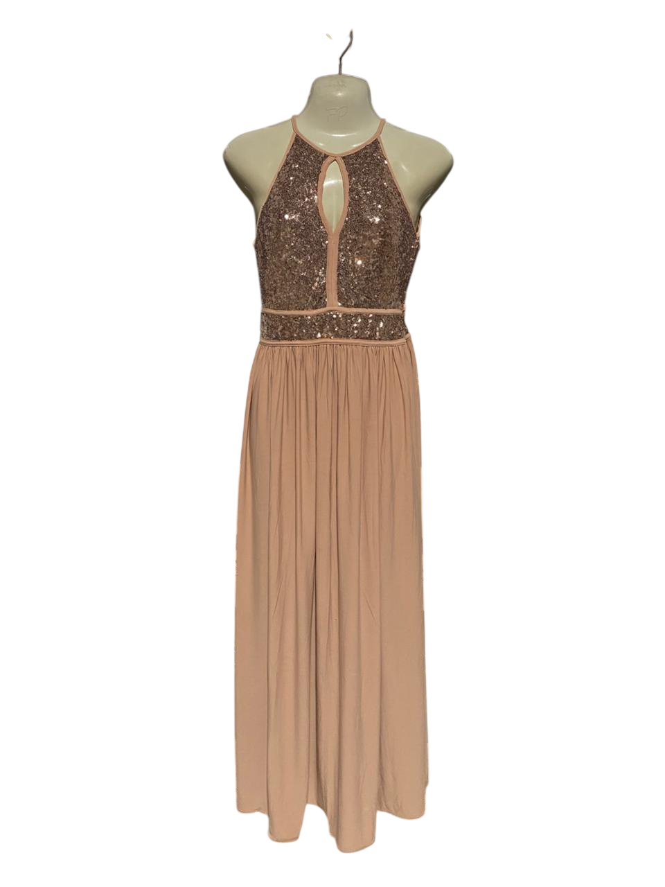 MORGAN .CO |M| BUST 16| B14| ROSE GOLD SEQUIN HALTER MAXI DRESS