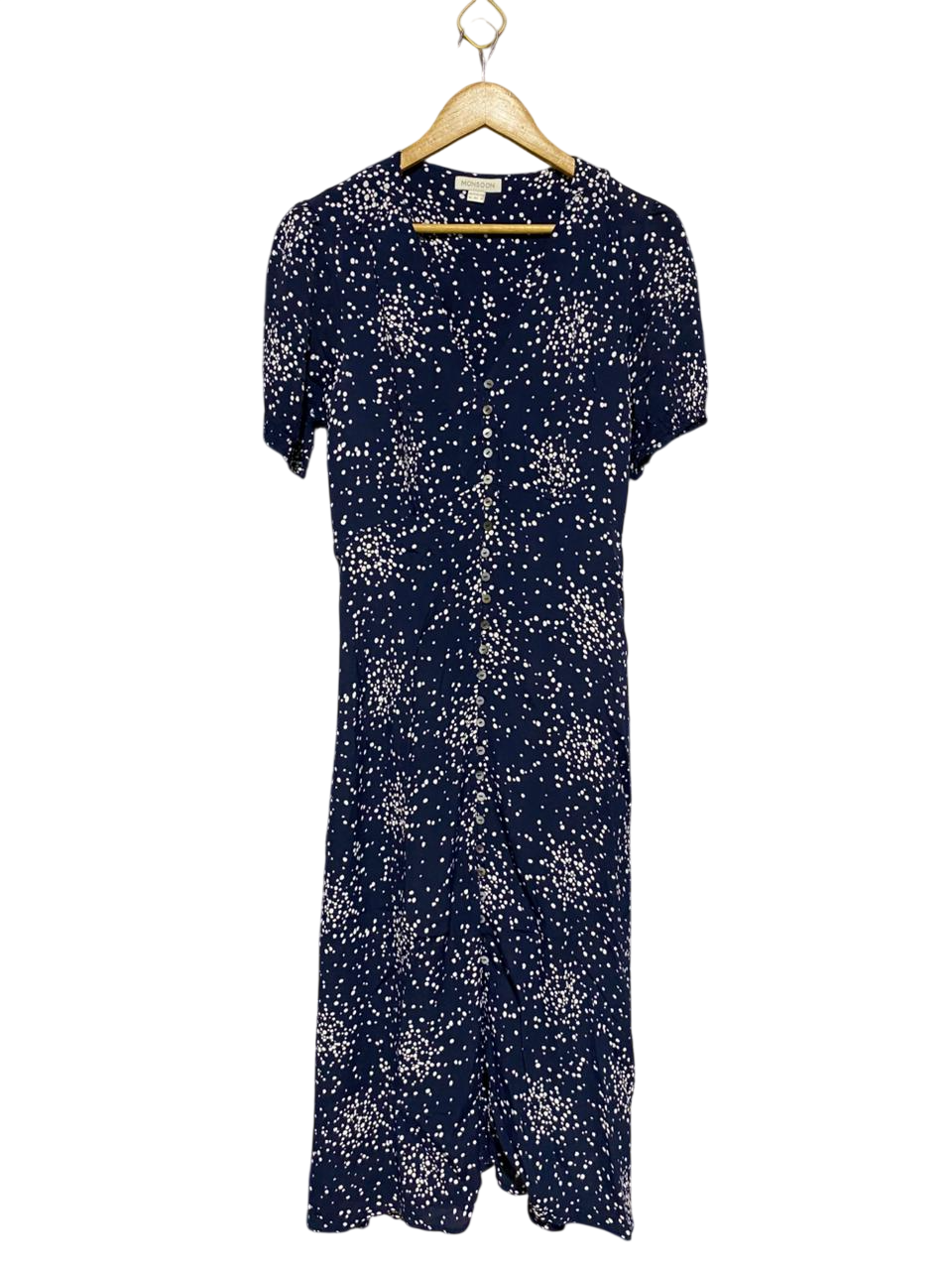 MONSOON |M| BUST 17| B14| NAVY BLUE AND WHITE SPECKLED POLKA DOT BUTTON-FRONT MIDI DRESS