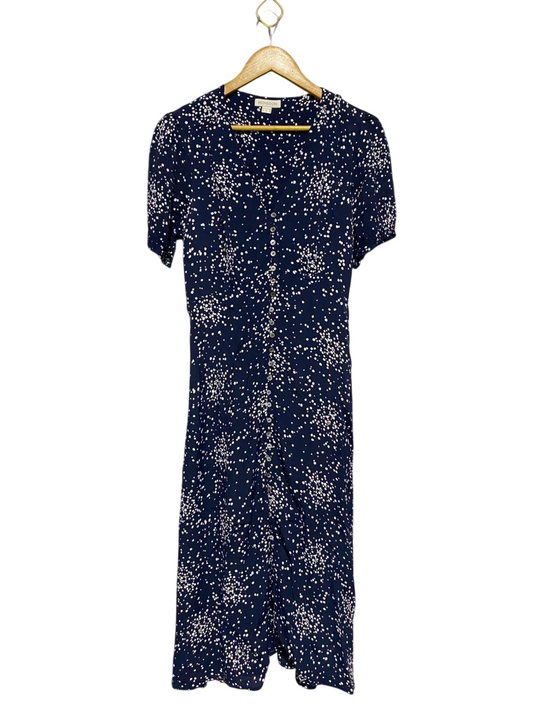 MONSOON |M| BUST 17| B14| NAVY BLUE AND WHITE SPECKLED POLKA DOT BUTTON-FRONT MIDI DRESS